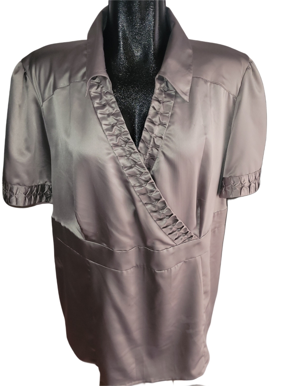 Addition Elle Grey Silver Satin Faux Wrap-Front Short Sleeve Blouse Size 20